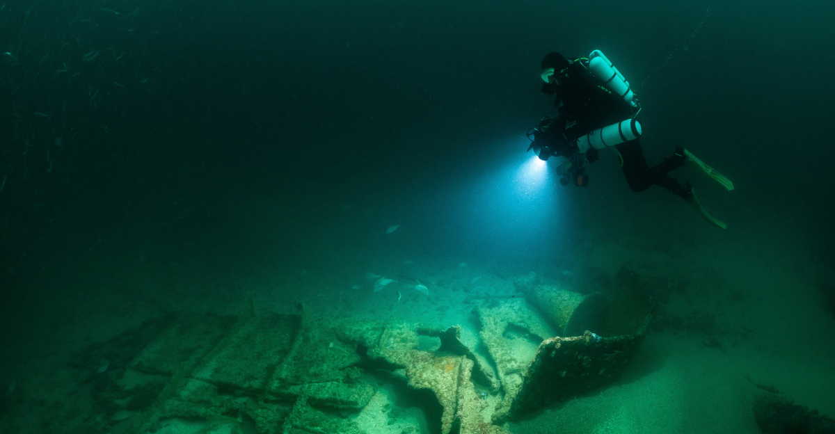 Diver equipped with a closed circuit rebreather conducts underwater photogrammetry at a wreck site. 