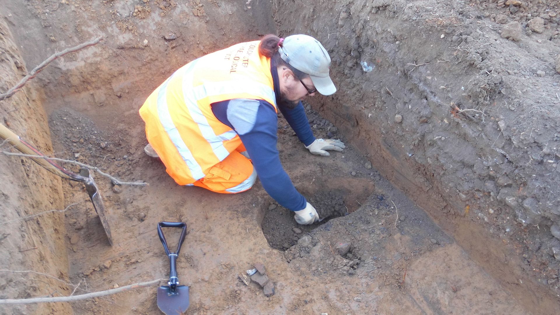 File:Archaeologist half-sectioning a feature at Brimpton House, 59A High Street, Kelvedon, Essex, September 2023.jpg