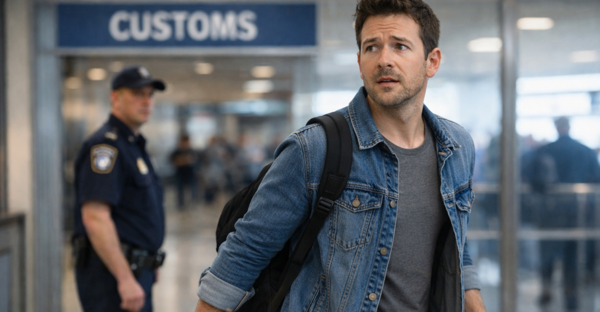 Worried traveler at customs checkpoint