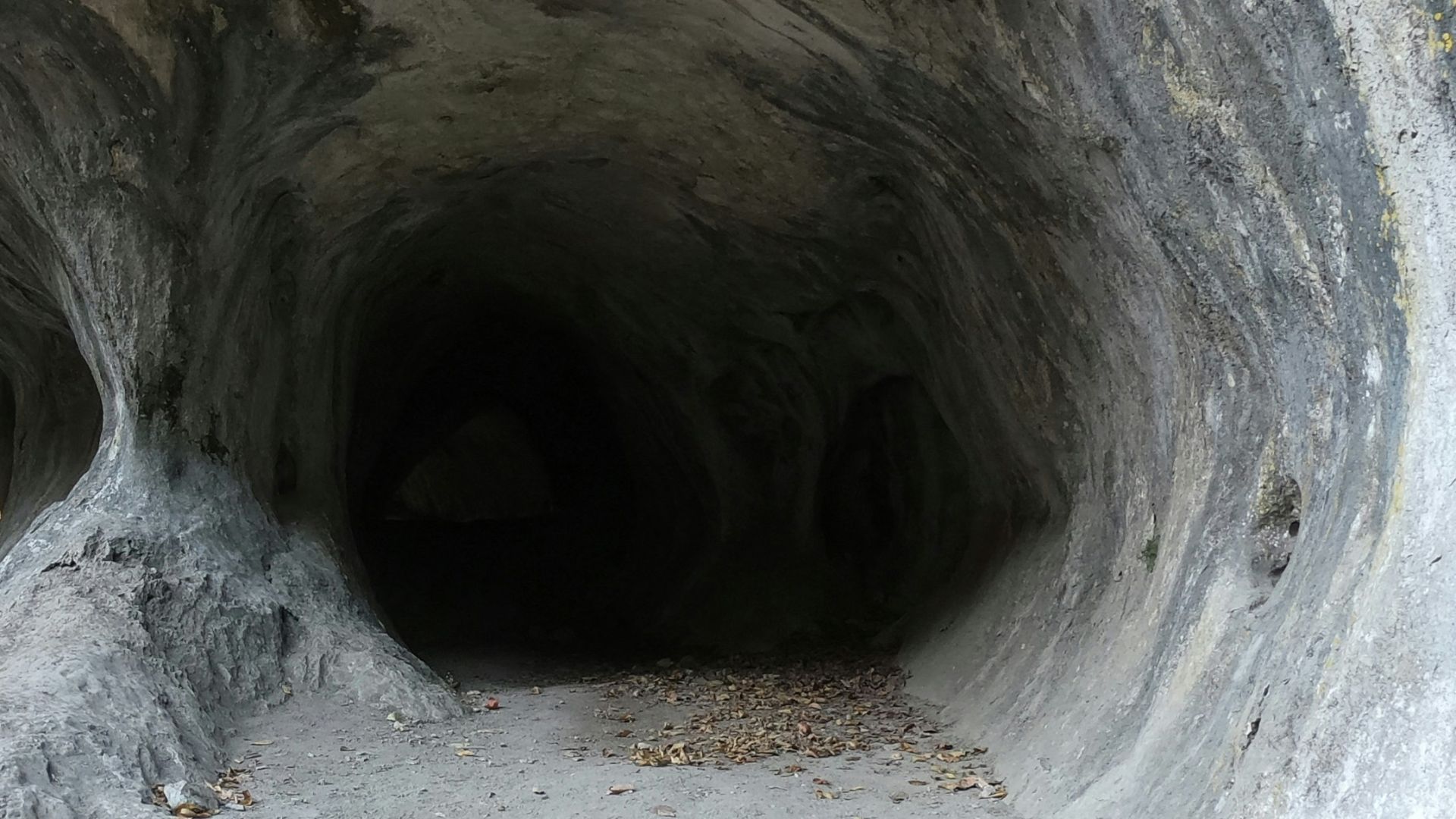 a group of people standing inside of a cave
