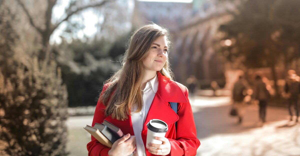 woman-in-red-coat-holding-notebooks-and-coffee-cup-