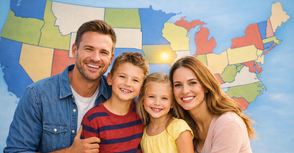 Family portrait with US map backdrop