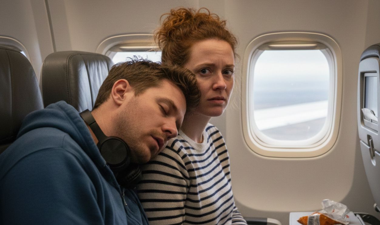 Man Sleeping on a Woman’s Shoulder in an Airplane