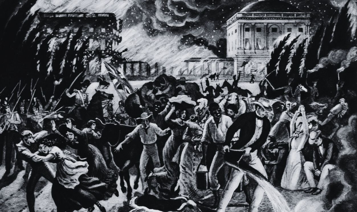 Gettyimages - 517200986, Illustration of the Burning of Washington, DC, in 1814 during the War of 1812.
