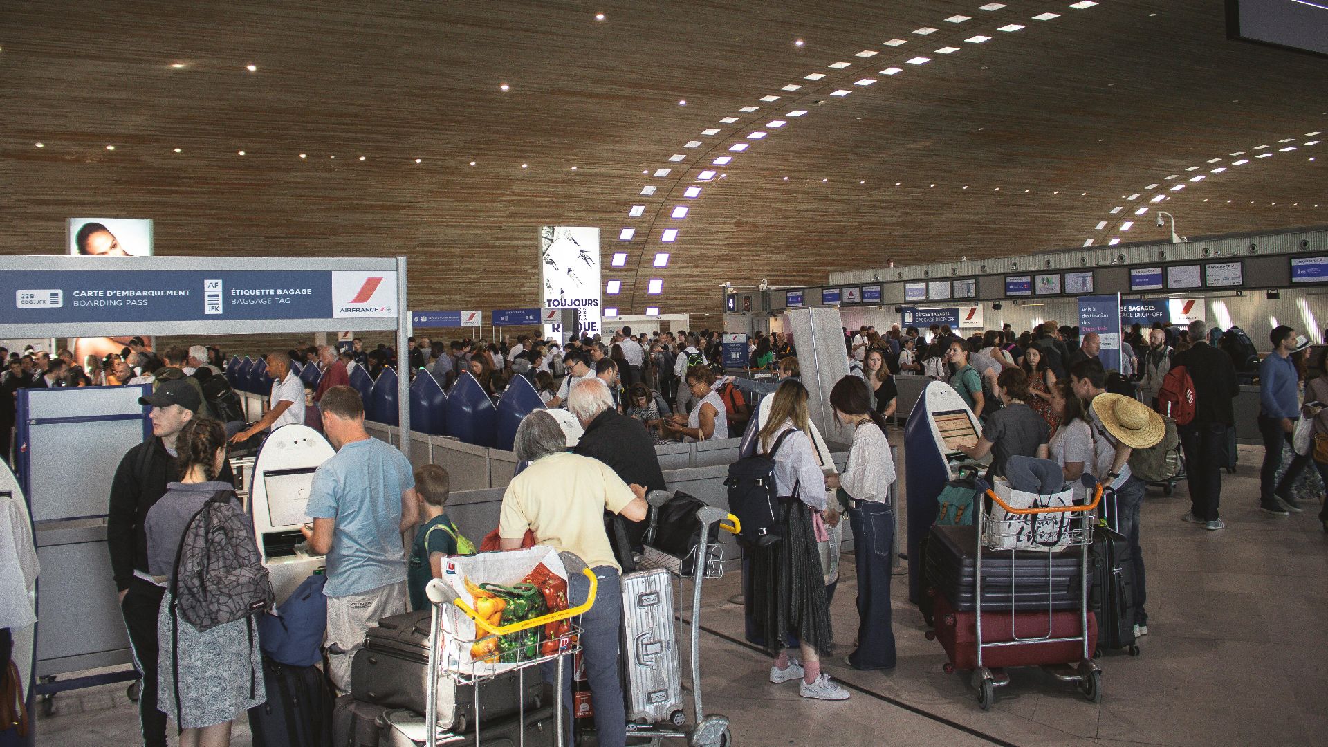 Crowded airport terminal with travellers in line. Indoor setting with modern architecture.