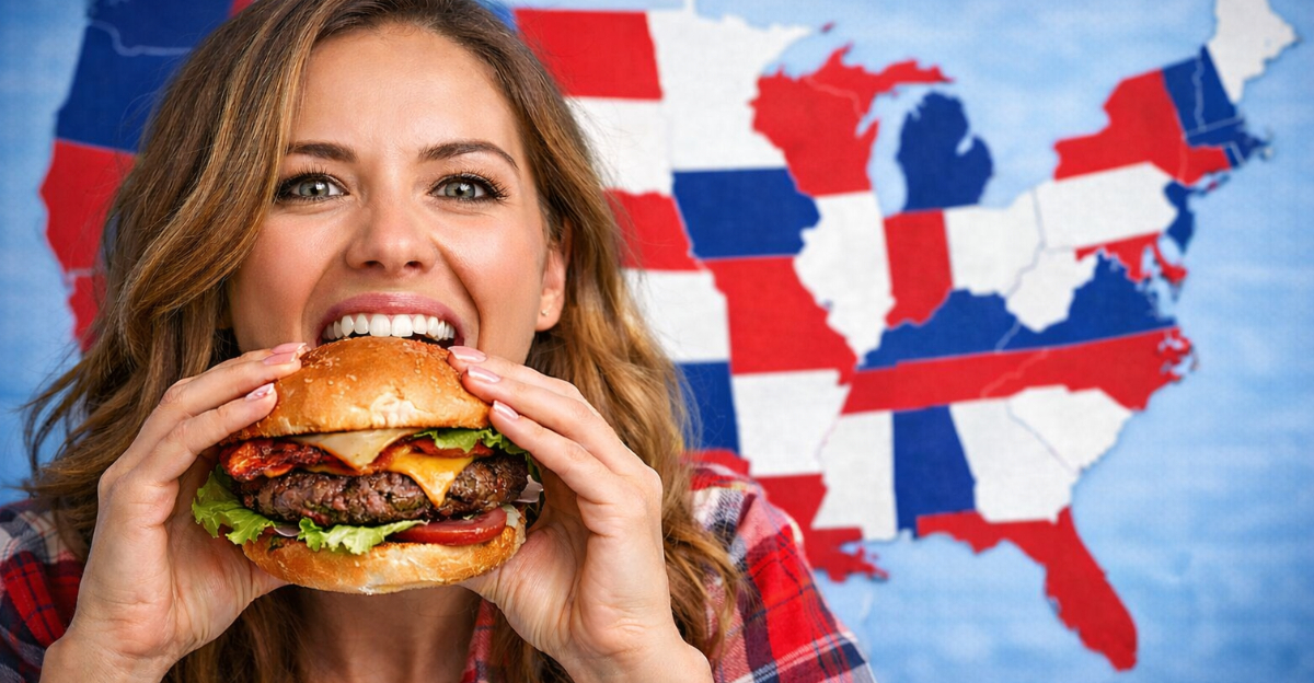 Women eating hamburger with a USA backdrop