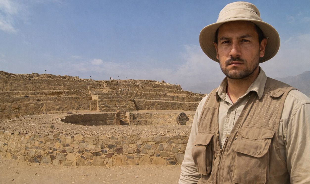 An Archeologist near the Mayor Pyramid at Caral, Peru.