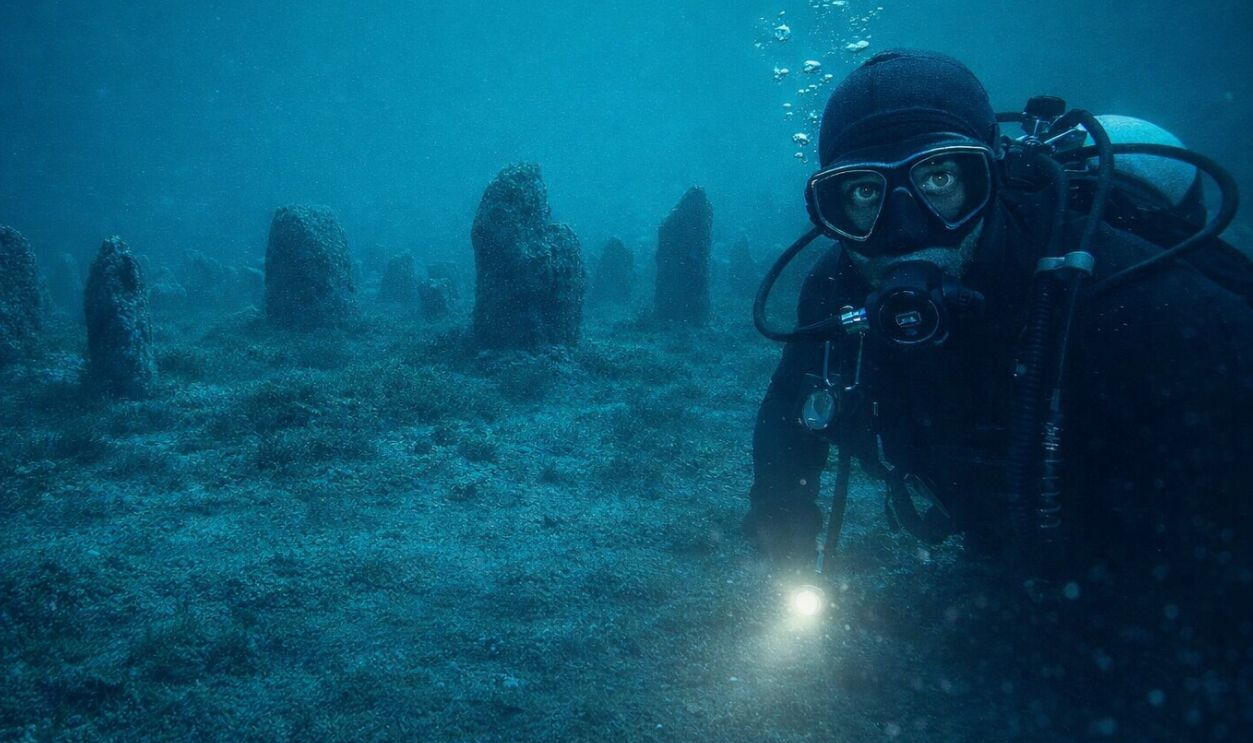 Diver exploring ancient stones beneath the sea