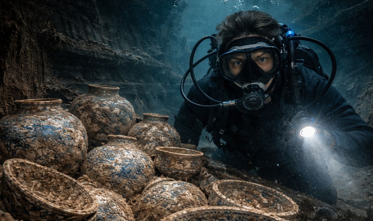 Diver near Jingdezhen porcelain vessels