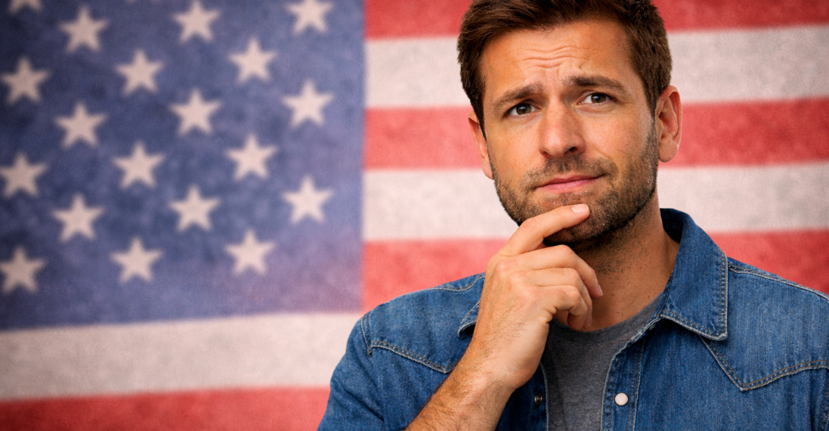 Contemplating in front of USA flag