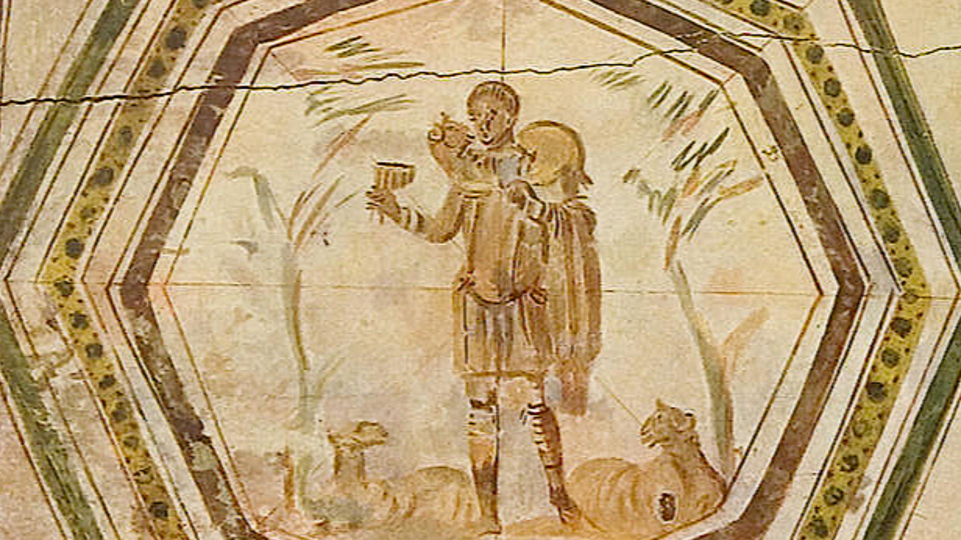 File:The Good Shepherd, Catacomb of Petrus and Marcellinus, 3rd century AD, from the from the book Die Malereien der Katakomben Roms, pla cropped sharpenedmore.jpg