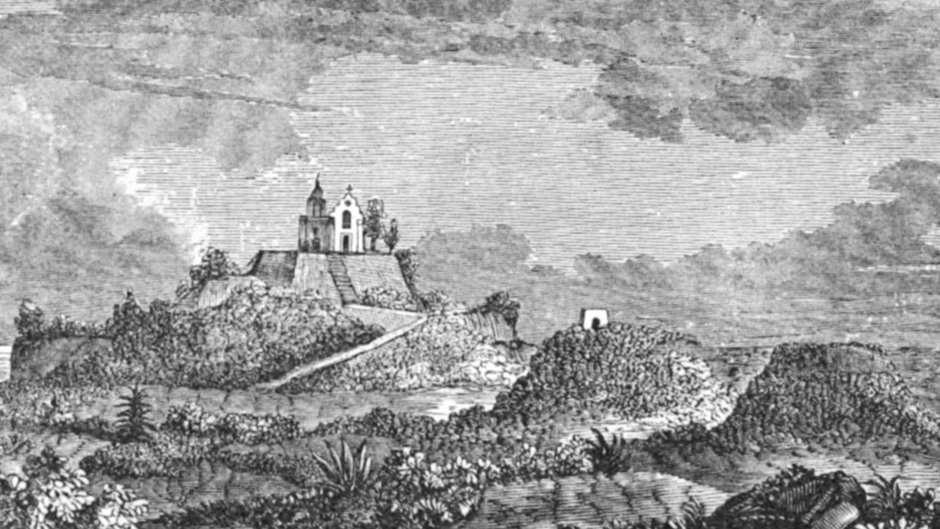 Image from book Mexico as it was and is (1847). The Great Pyramid of Cholula, the largest man-made monument by volume in the world.