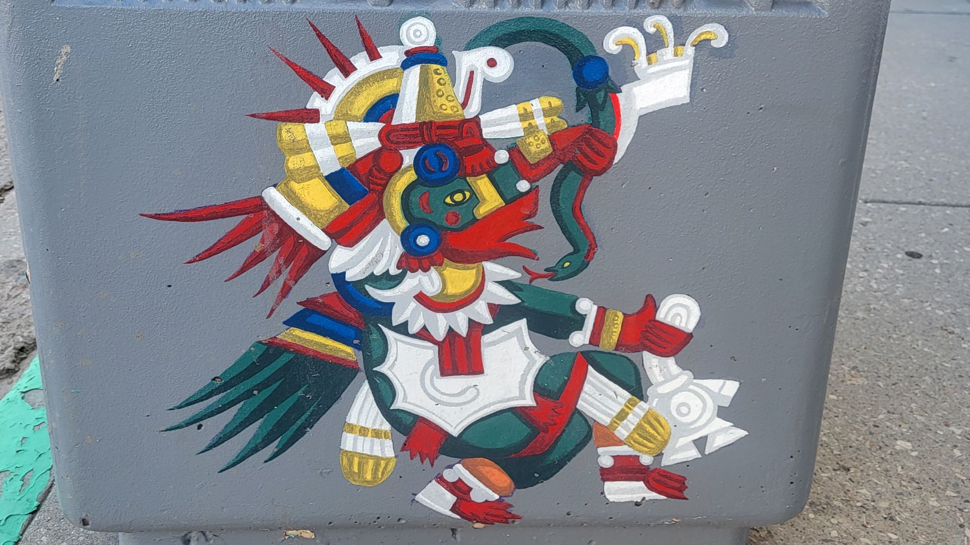 Quetzalcoatl in art trash bin located in Gallup, NM