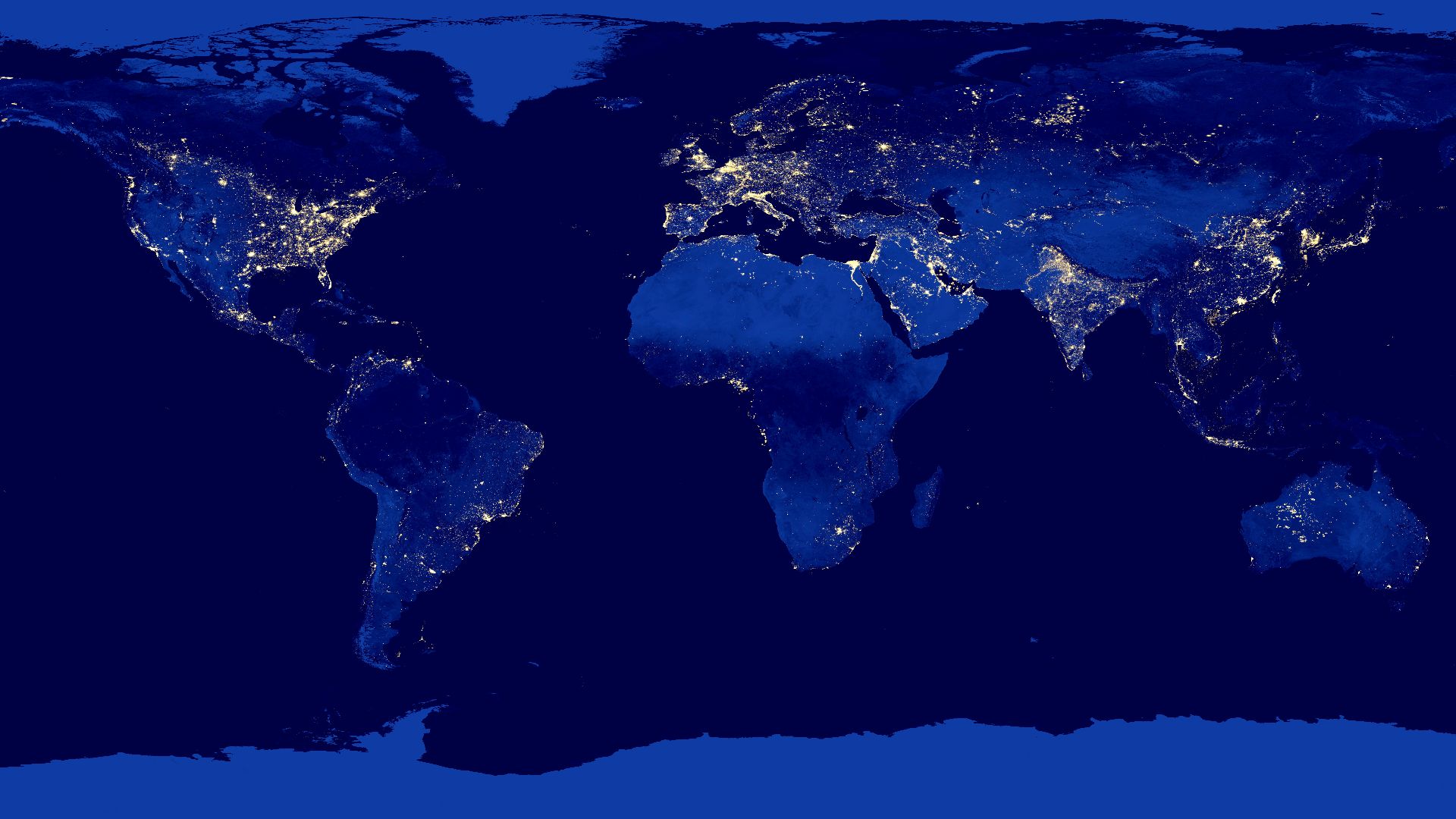 This image of the Earth at night is a composite assembled from data acquired by the Suomi National Polar-orbiting Partnership (Suomi NPP) satellite over nine days in April 2012 and thirteen days in October 2012. It took 312 orbits and 2.5 terabytes of data to get a clear shot of every parcel of the earth’s land surface and islands.
The night time view of the earth was made possible by the