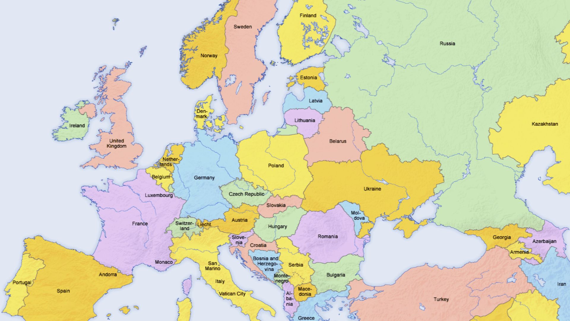 Map of countries in Europe and the surrounding region