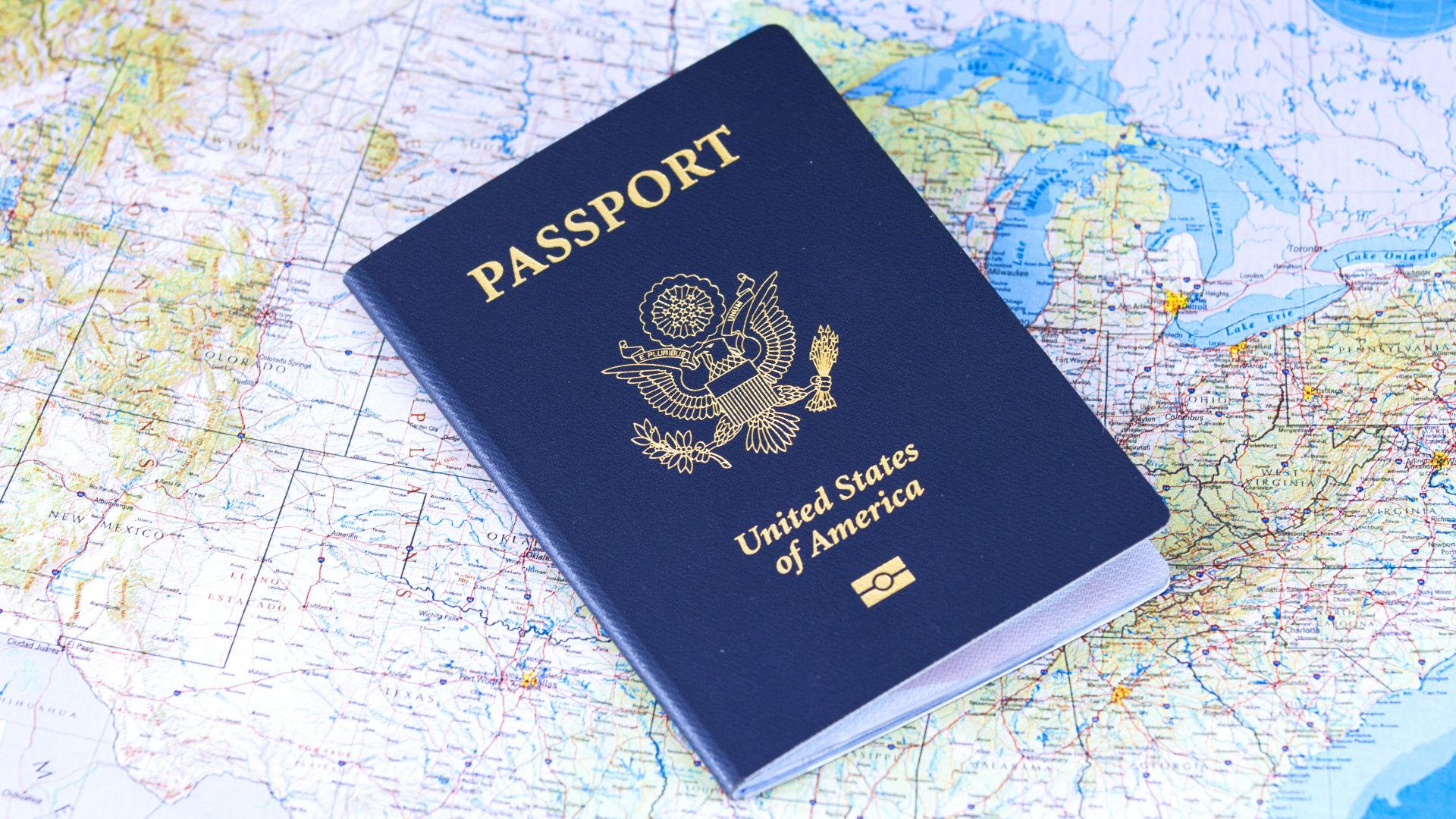 Passport of the United States of America on a world map.