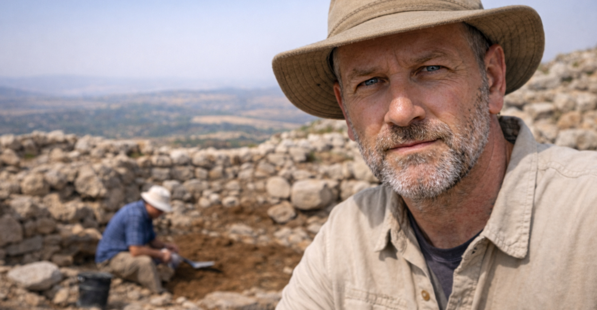 Focused archaeologist at a dig site