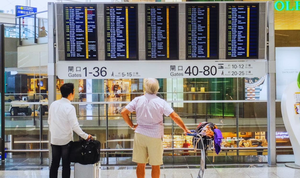People Looking at Departure Board at an Airport
