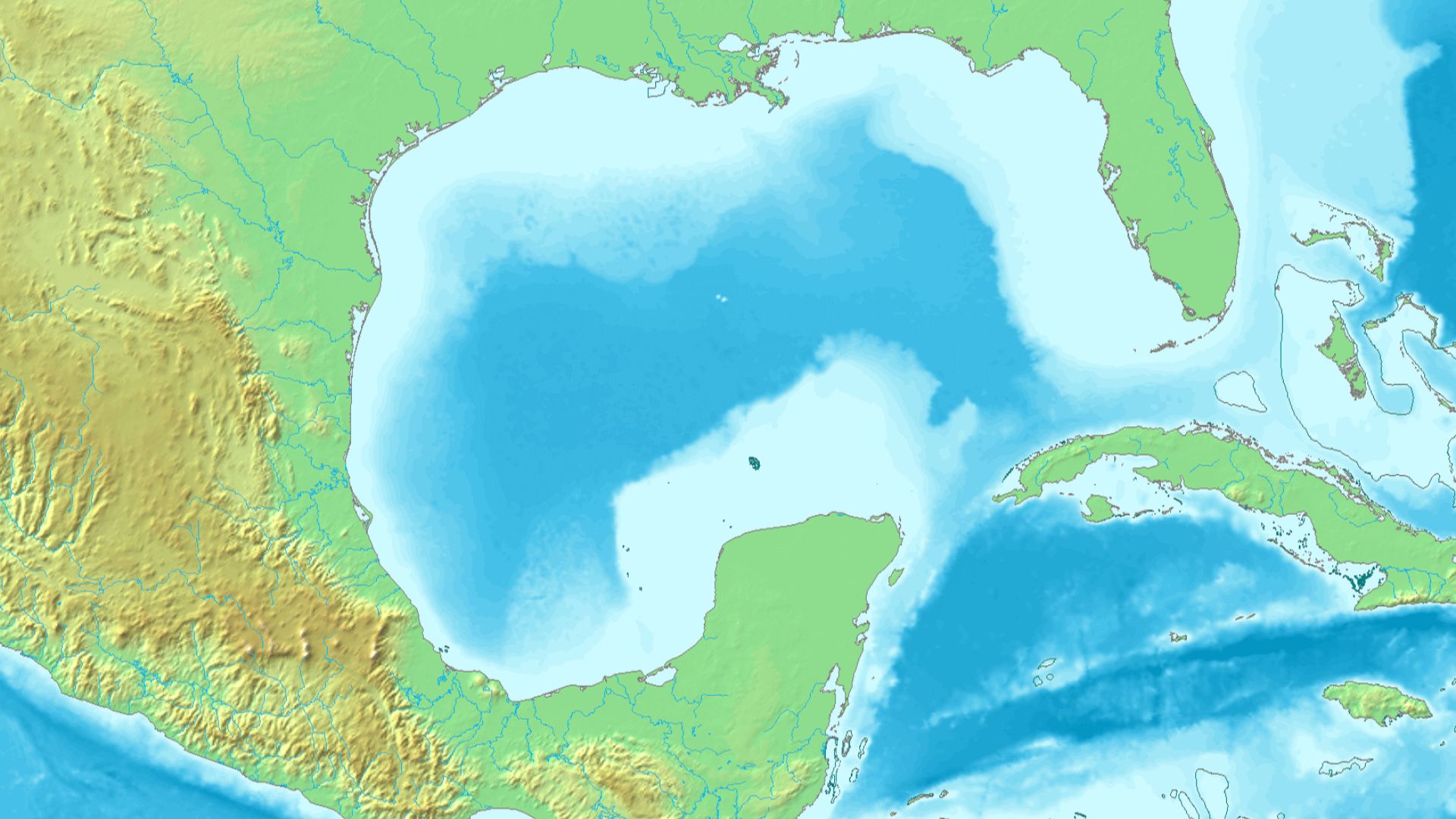 Topgraphic location map of the Gulf of Mexico
Projection: Cylindrical equidistant projection, standard parallel 23.5° N
Area of interest:
N: 33.5° N
S: 13.5° N
W: 105° E
E: 75° E