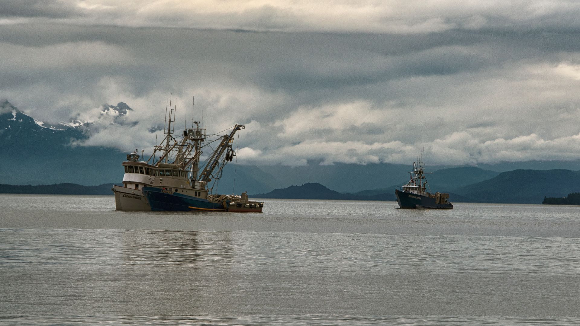 Commercial Fishing boats in Southeast Alaska waiting for the Salmon Run at Amalga Salt Chuck, Juneau, Alaska.