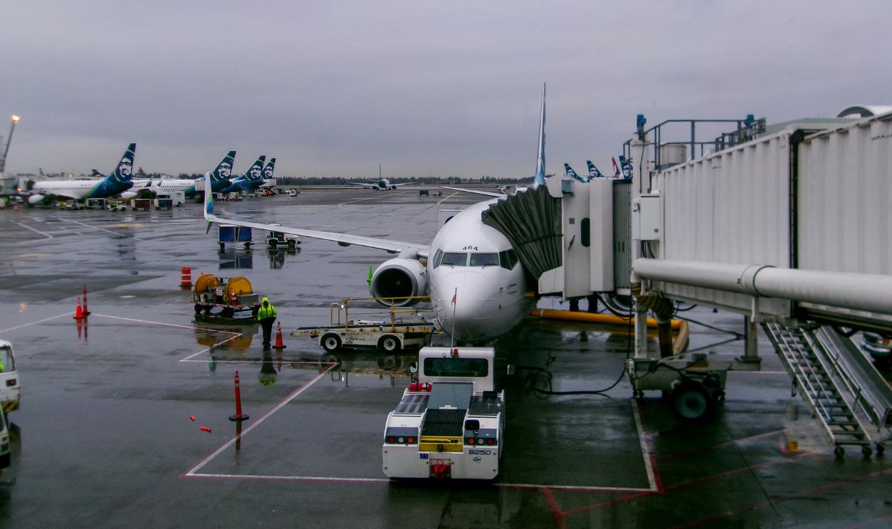 Passenger Airplane at SeaTac Airport Terminal