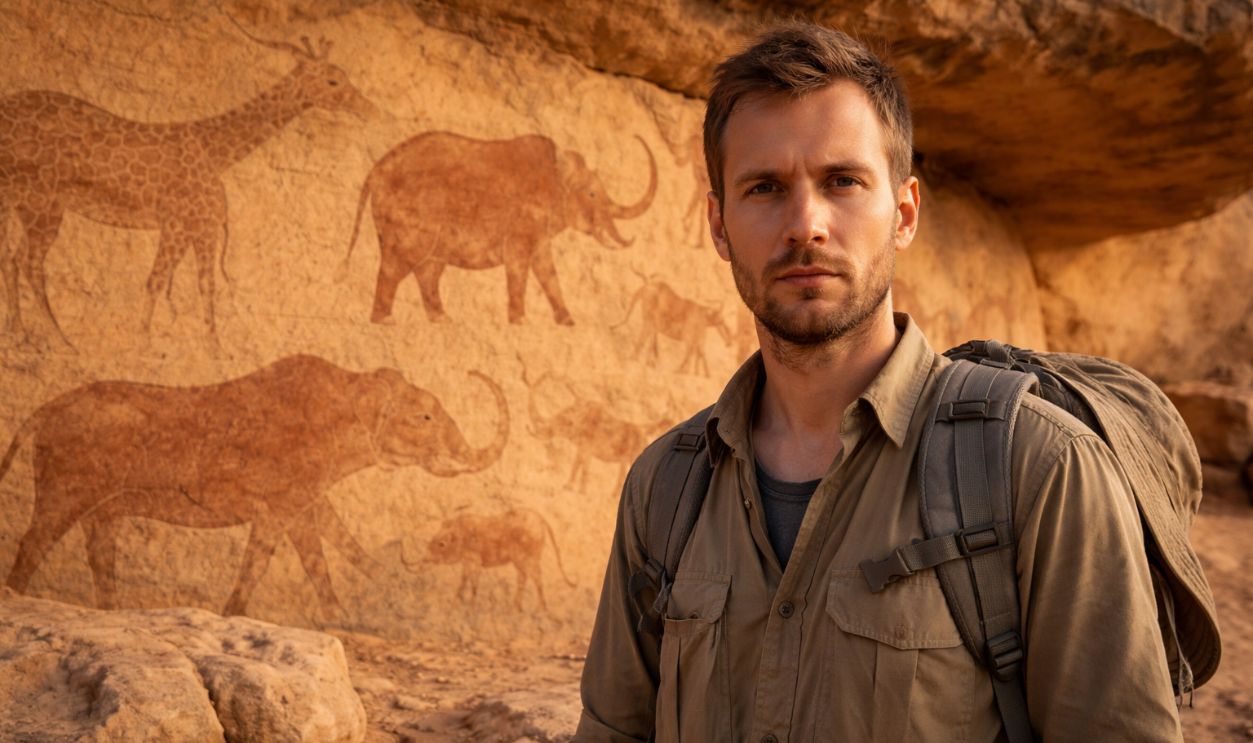 Researcher and ancient petroglyphs in Sahara