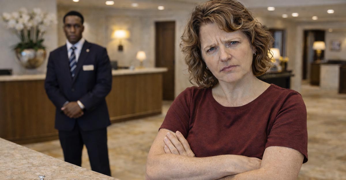 AI-generated image of a woman upset over hotel charges