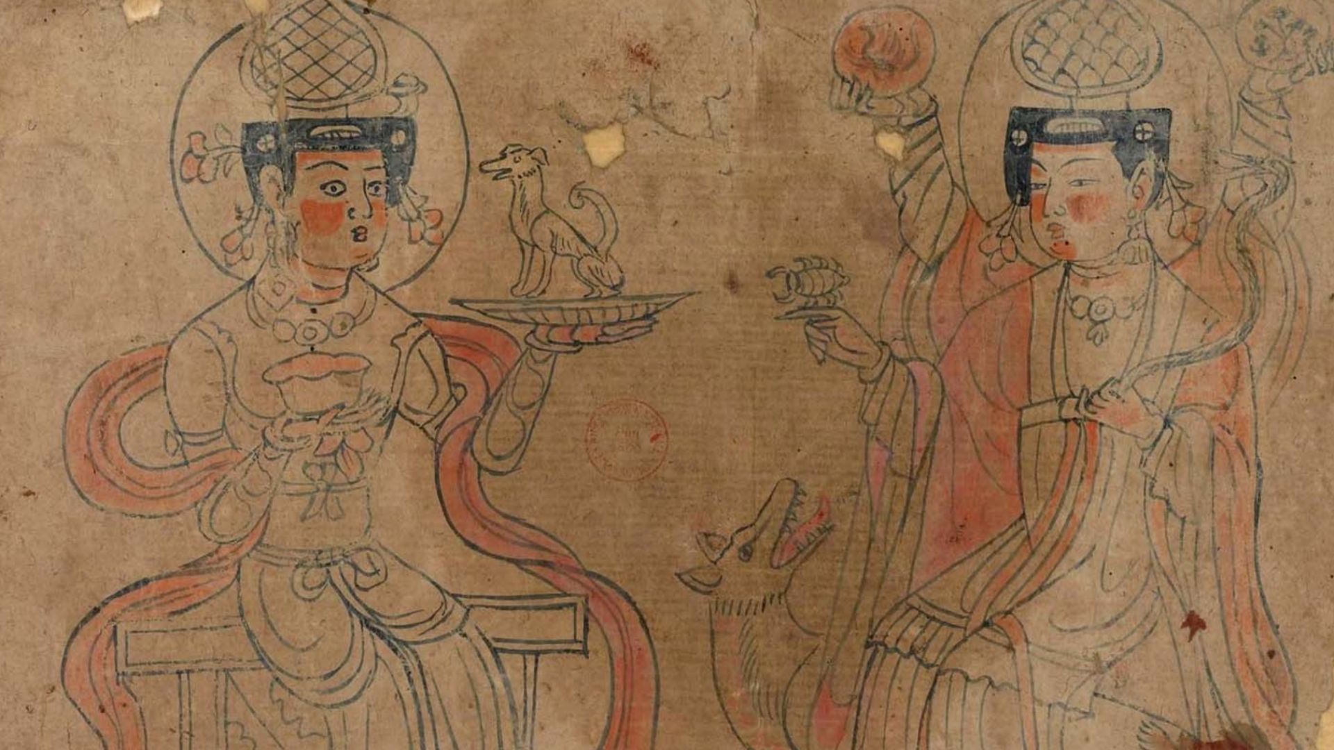 Sogdian Deities: Daēnā and Nanā, a line drawing sketch from Tunhwang preserved in the Bibliothèque nationale de France.
https://archive.org/stream/2003AAAH56401-428WivesPatrons/2003%20AAAH%2056%20401%E2%80%93428%20Wives%20%26%20Patrons#page/n10/mode/1up