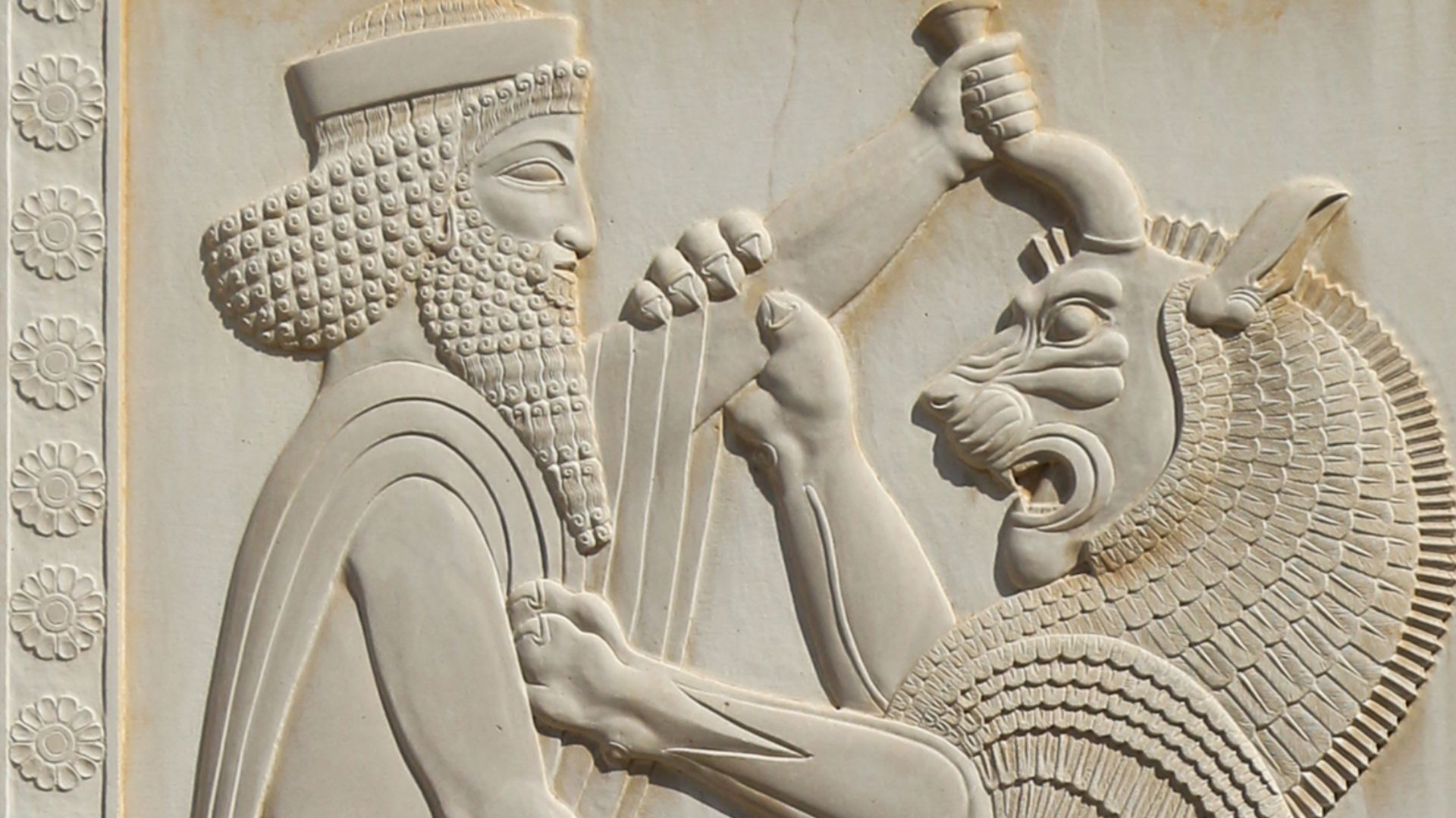 Relief of Shahriar and Shir battle in Zoroastrian Fire Temple, Yazd, Iran. Battle of Shahriar (Achaemenid king) and Lion,