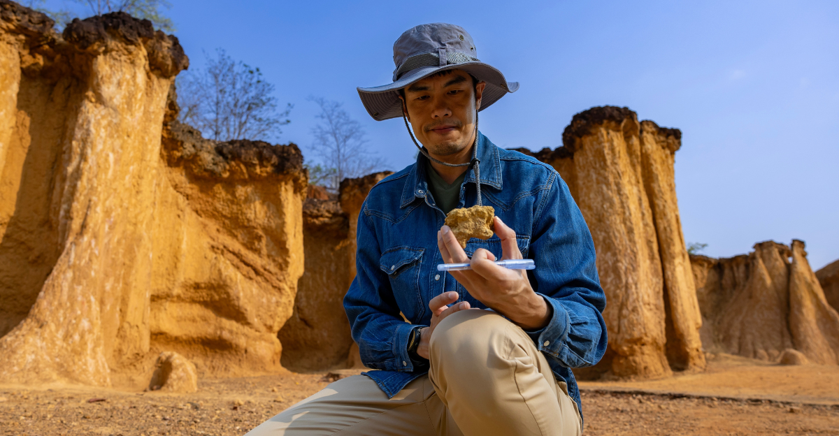 Asian geologist is exploring and surveying the sample rock
