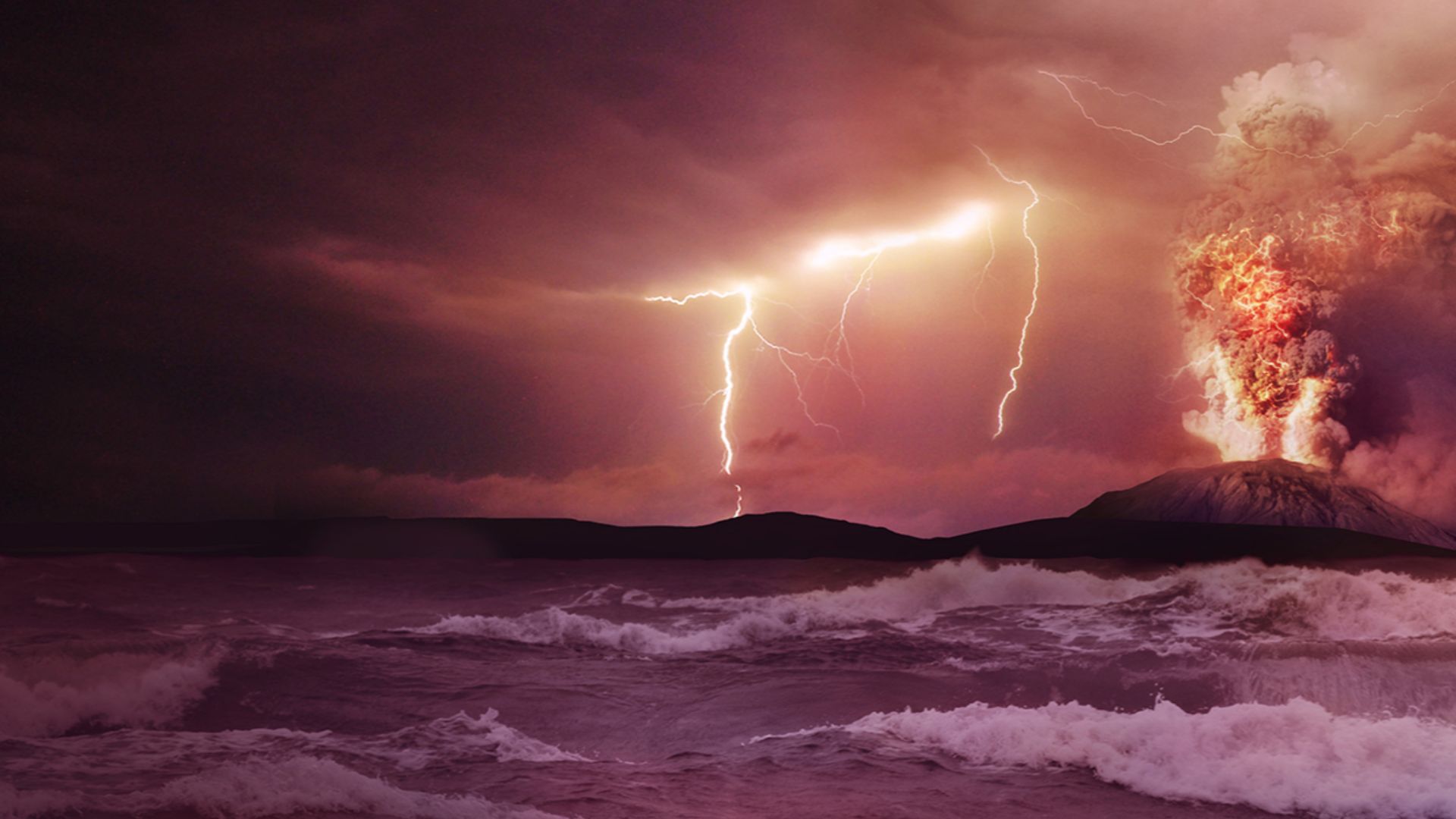 An artist’s concept of the early Earth, showing a beach, an ocean, a rocky landmass, an erupting volcano, fork lightning, and a meteor.