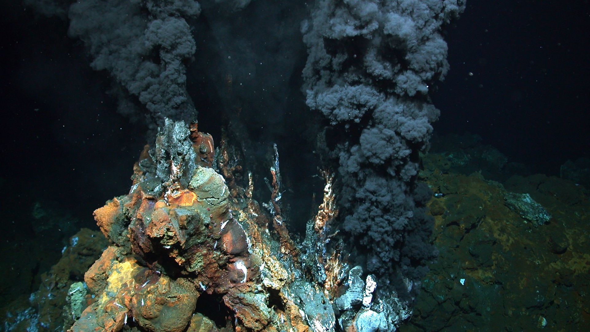 Black smoker in 2,980 meters of wa­ter on the Mid-At­lantic Ridge