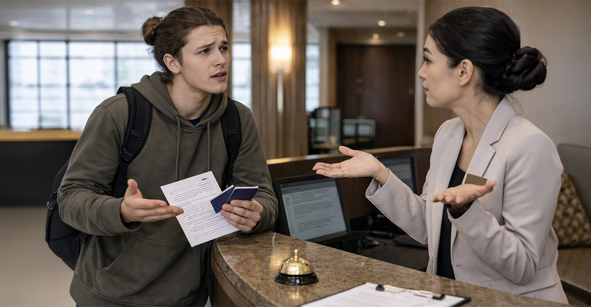 Man confused while checking into a hotel.