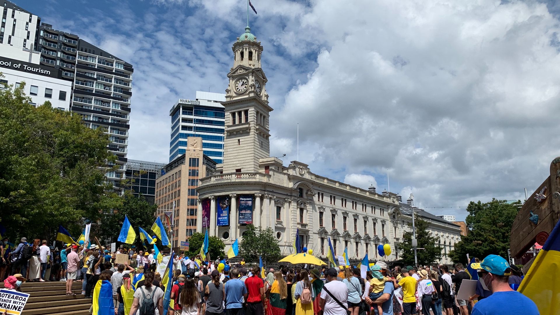 Anti-war protest against Russian aggression in Ukraine, Auckland, 27 february 2022. Aotea Square, at Town Hall.