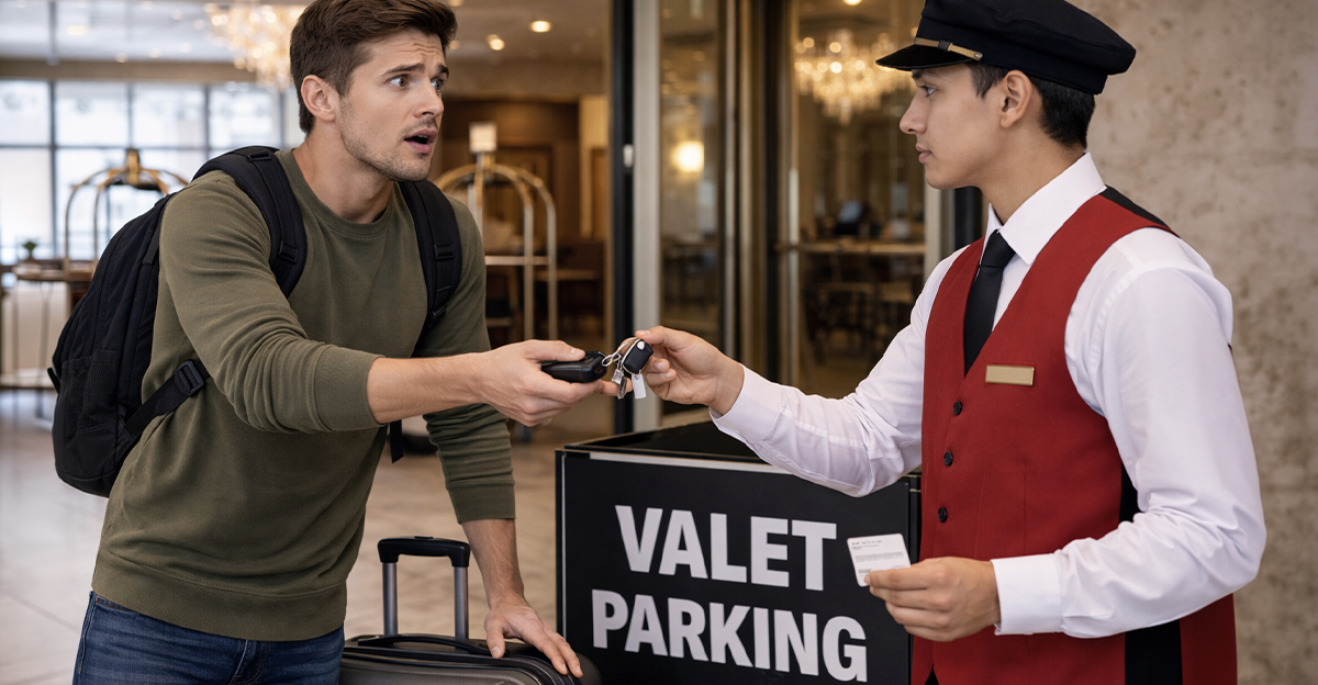 Shocked man giving his keys to a valet attendant