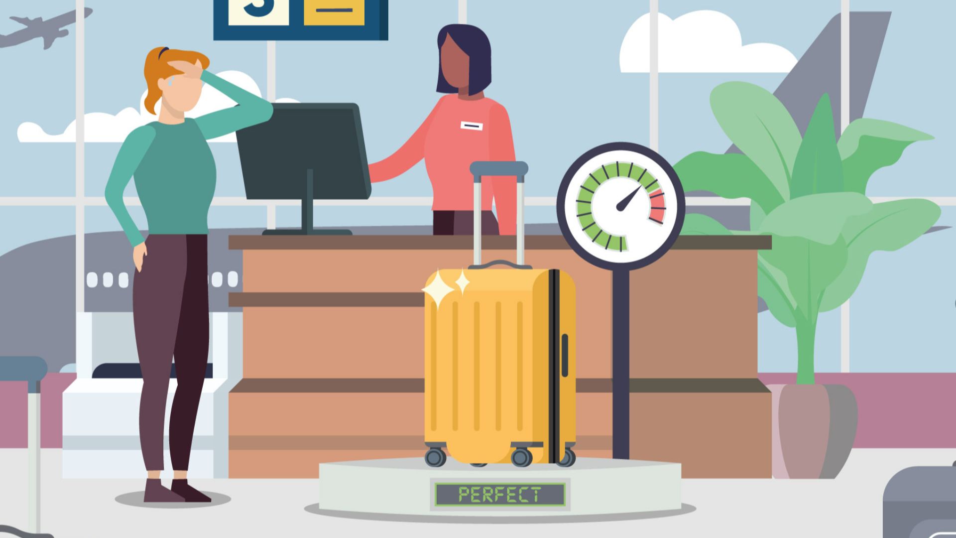 An image of a suitcase being weighed at check-in at the airport, next to a stressed woman checking in for a flight. The weight reads 'PERFECT'. A plane sits on the runway in the background, and another is taking off. 
This image was created for our website, but we've now decided to release it for free use under the Creative Commons Attribution licence. If you use it, please throw in a  link back to us at familydestinationsguide.com/