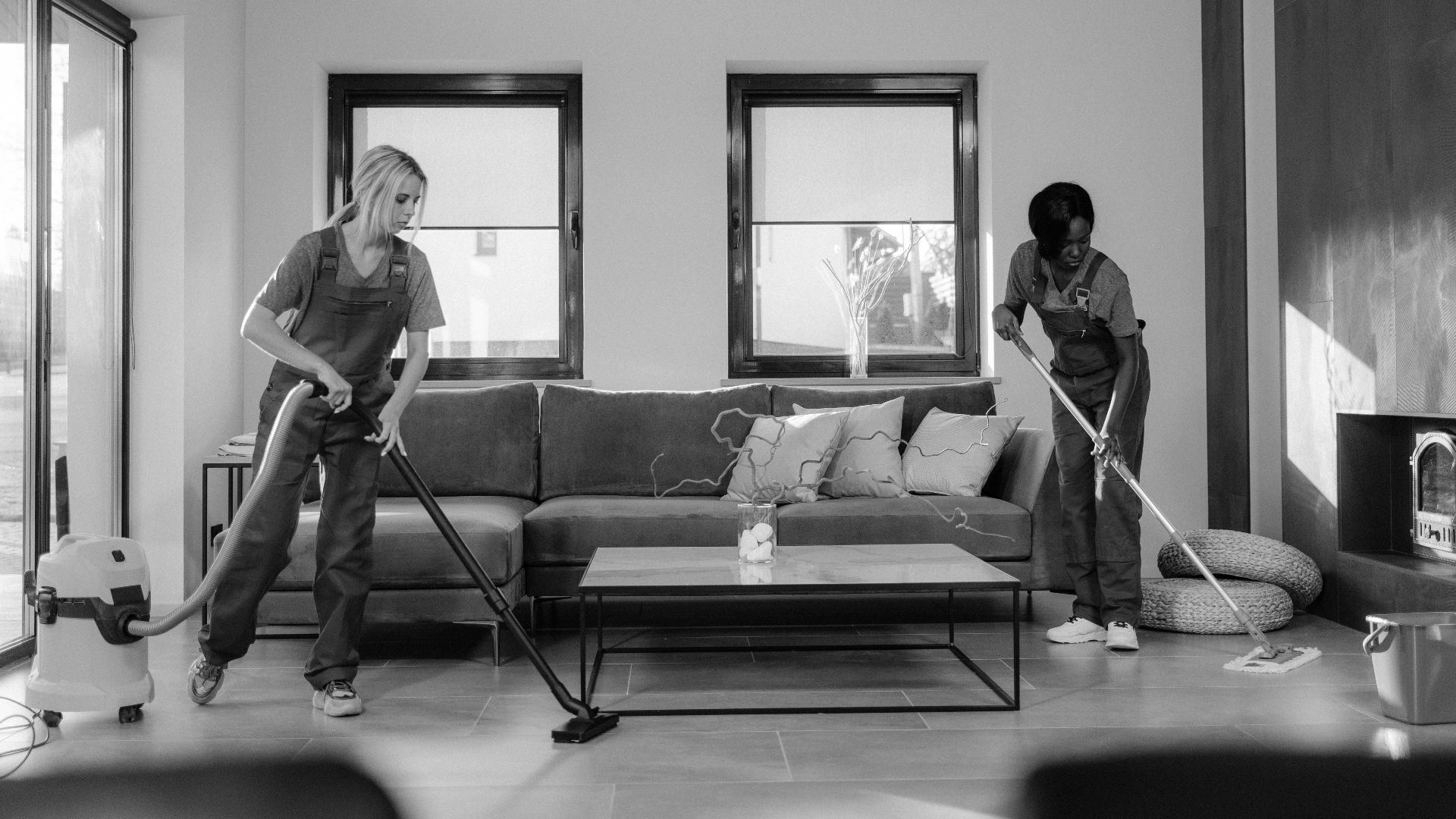 Two women in work clothes cleaning a modern living room using a vacuum and mop.