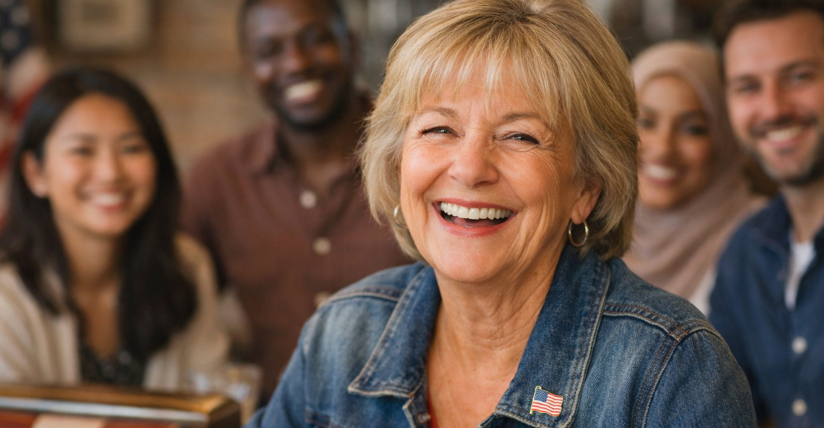 Older American woman with people in background