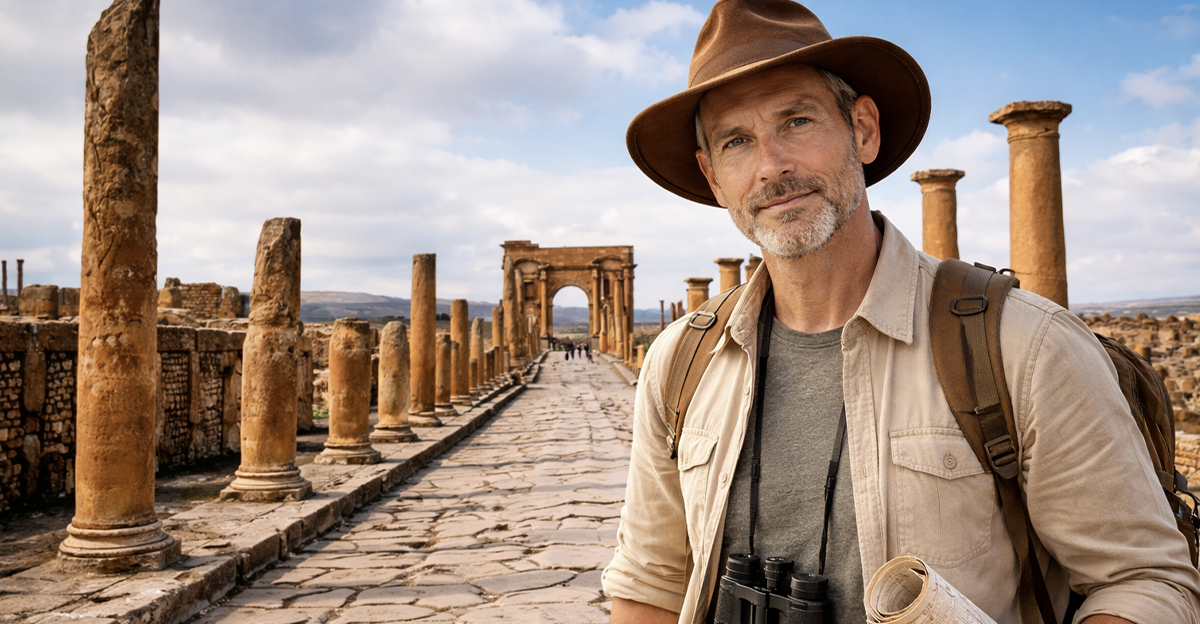 AI-generated image of an archaeologist at the ruins of Timgad.