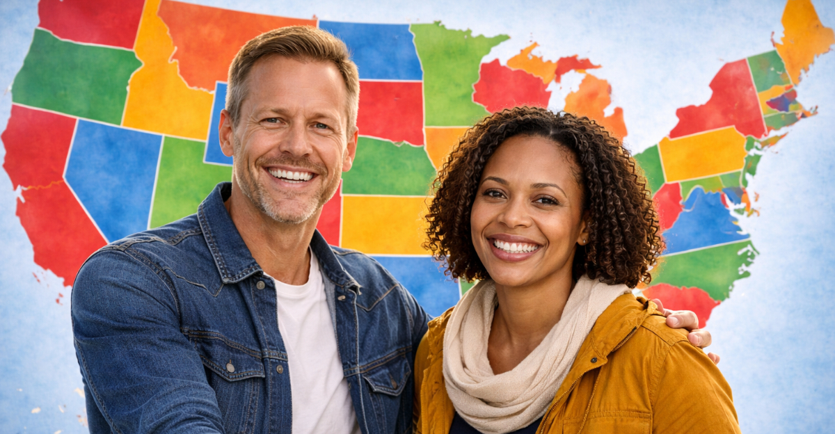 Smiling couple with colorful map backdrop
