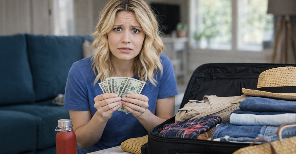 Concerned blonde woman packing and counting money for a trip