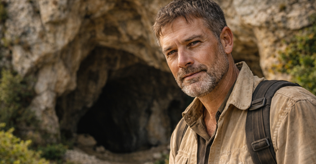 Archaeologist at the cave entrance