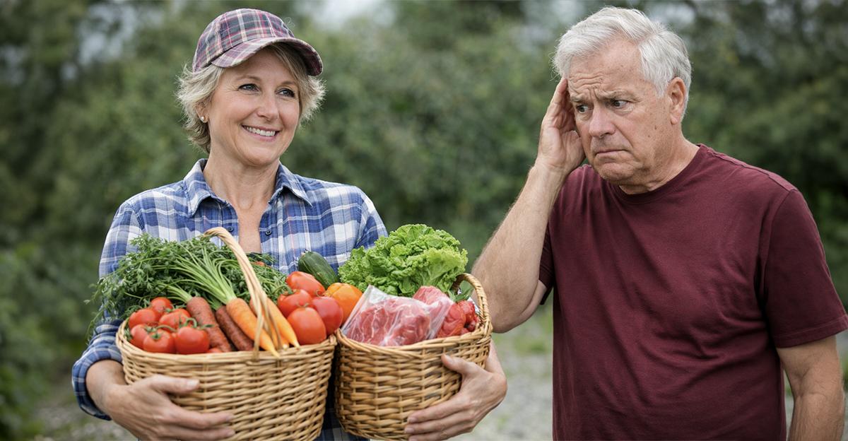A woman holding baskets full of fresh produce and a concerned man standing beside her