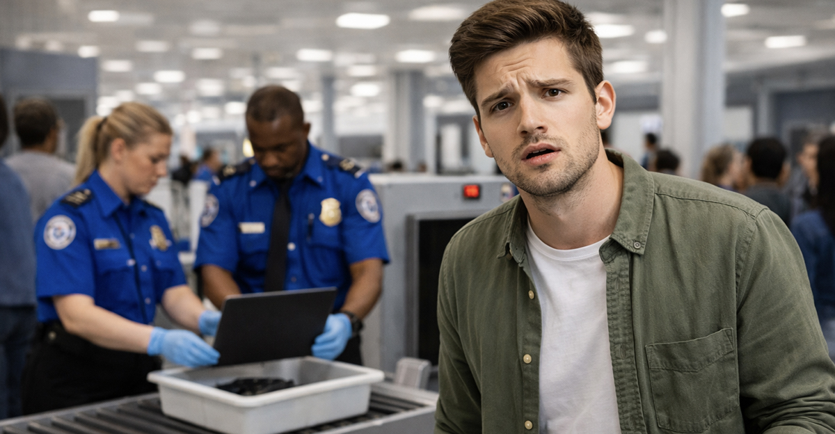 AI-generated image of a man at airport security getting his laptop checked by TSA