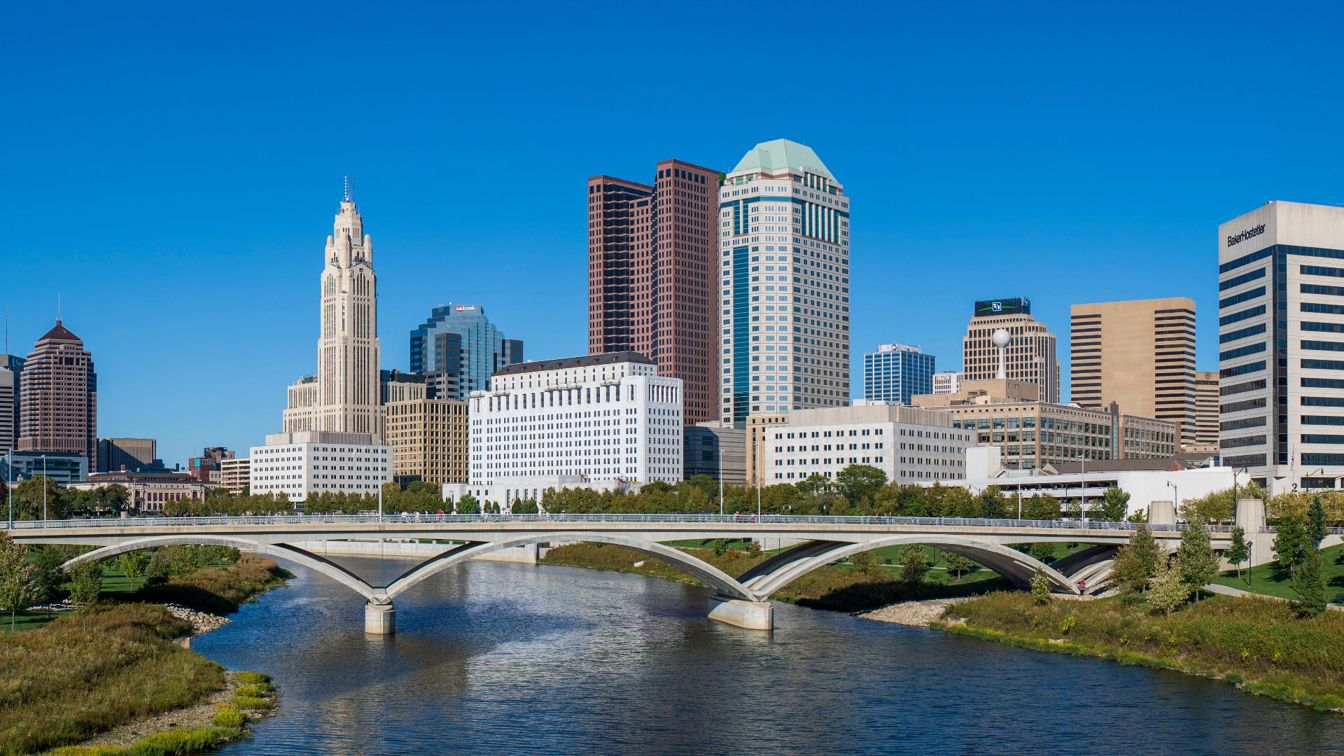 Panorama of downtown Columbus, OH from the Main Street Bridge.