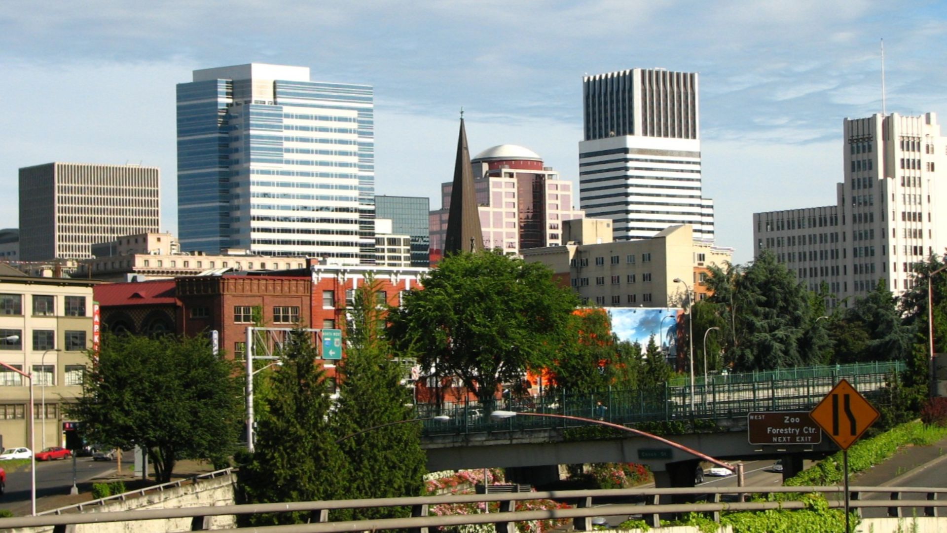 The skyline of downtown Portland, Oregon from the northwest. In the lower foreground is Interstate 405.