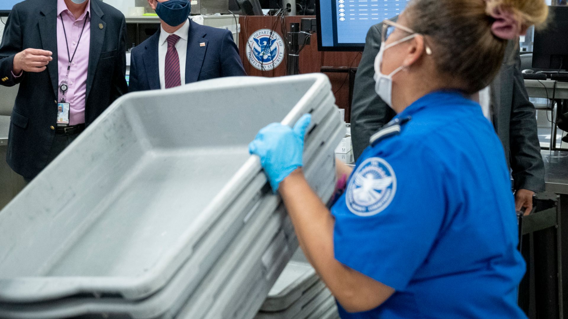 Miami, FL (August 19, 2021) Homeland Security Secretary Alejandro Mayorkas visits Transportation Security Administration (TSA) and U.S. Customs and Border Protection (CBP) officers at Miami International Airport, thanking them for their dedicated efforts as frontline workers keeping the traveling American public safe.