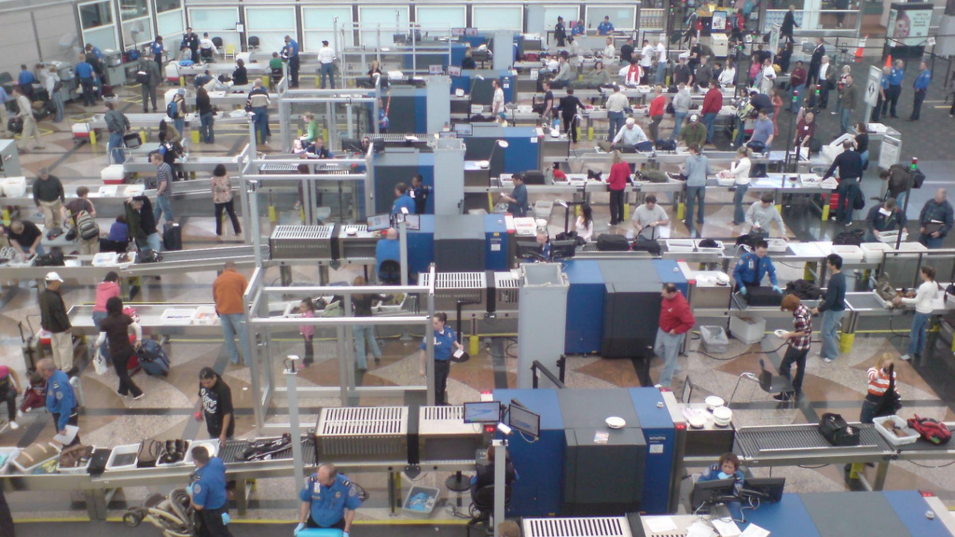 An overhead view of the security screening area at Denver International Airport.