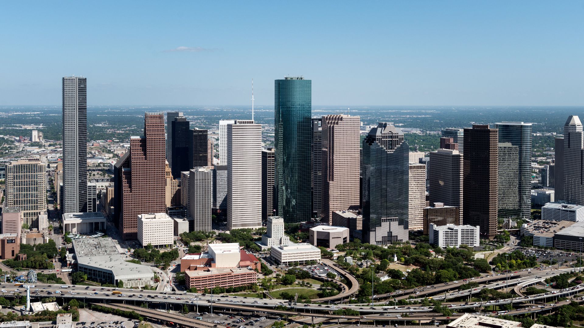 Aerial views of the Houston, Texas, skyline in 2014.