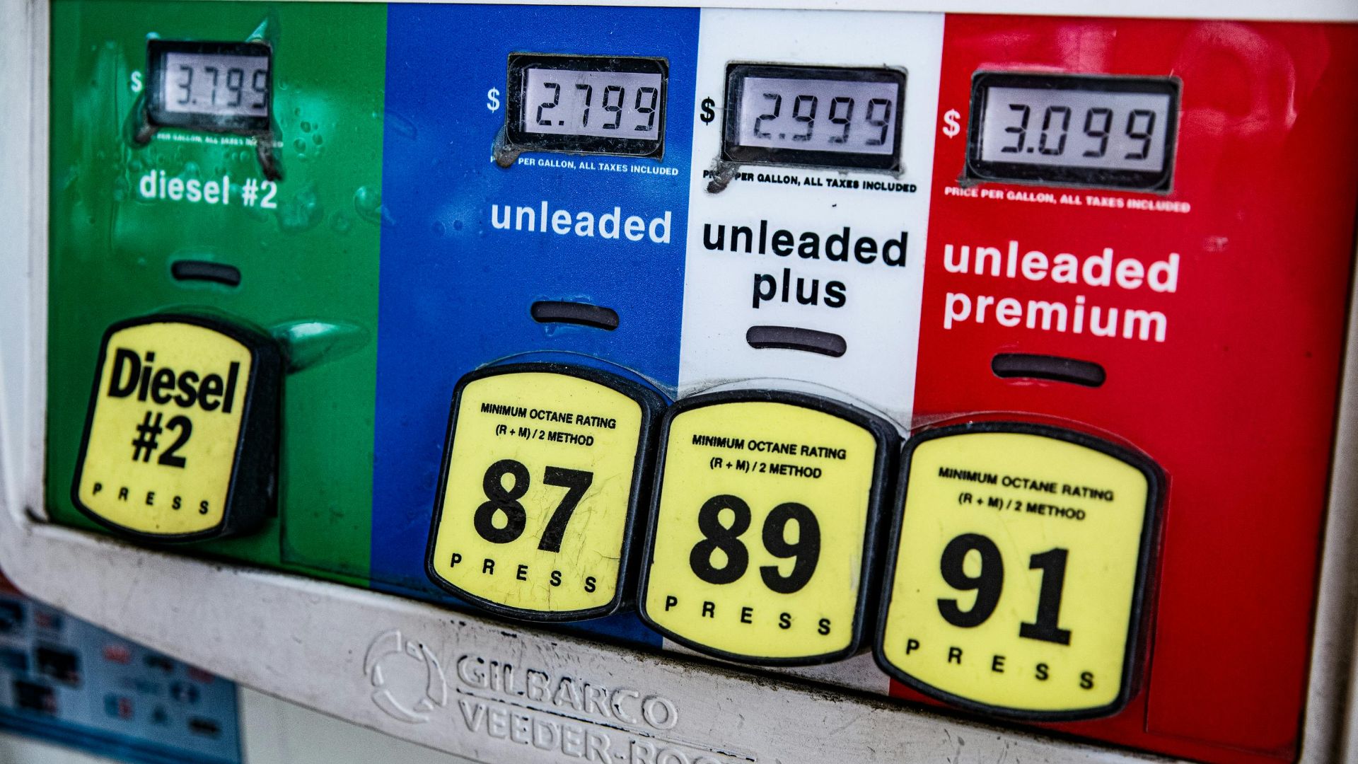 Close-up of a vintage gas pump station showing fuel prices and octane ratings in Los Angeles.